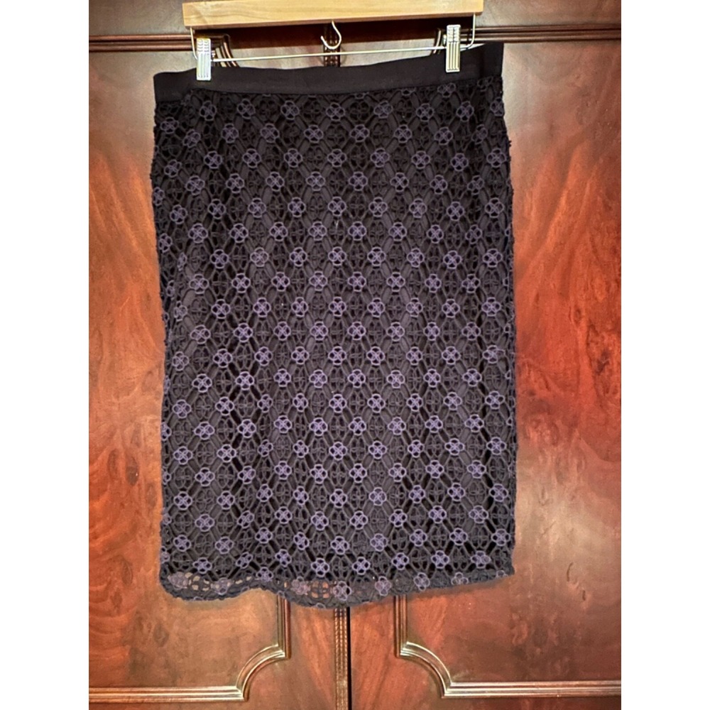 NWT Ann Taylor Pencil Skirt Crochet Overlay Navy & Black 14 $98